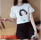 2016夏装新款韩版泡泡袖女孩印花雪纺衫打底衫上衣女圆领短袖T恤