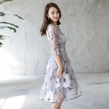 欧根纱立体花朵2016年夏季新款韩版修身显瘦百搭中长款连衣裙