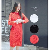 韩国代购2016新款女装 长袖修身显瘦气质蕾丝连衣裙打底中长款 秋