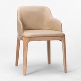 现代简约北欧罗恩米黄色PU皮软包榉木原木色餐椅/书椅