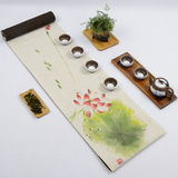 茶席桌旗手绘中日式禅意素雅现代简约荷花手工亚棉麻布艺新品包邮