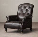 法式美式复古做旧皮艺单人沙发椅欧式办公会所真皮拉扣高背老虎椅