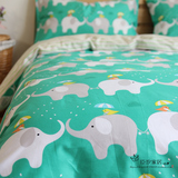 臣汐家纺日式绿色动物园大象 可爱简约床单全棉韩式床上四件套