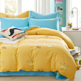 纯棉四件套黄色浅蓝色亮色皇冠床上用品100%全棉床单被套纯色简约