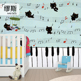 手绘猫咪钢琴大背景墙壁纸 音符黑白卧室早教墙纸 定制儿童房壁画