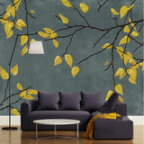 欧式简约艺术油画树枝黄叶复古大型壁画壁纸客厅卧室沙发背景墙纸