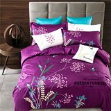纯棉紫色贡缎刺绣四件套全棉双人提花秋冬植物花被套床单床上用品