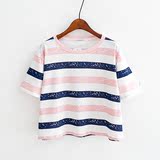 2016夏季韩版新款 印花漆点宽条纹BF宽松短款圆领百搭女式短袖t恤
