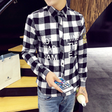青少年男士青年中学生韩版修身型长袖格子衬衫衬衣外套薄款春秋天