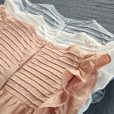 原单外贸甜美森女系2016夏季棉麻女装后开扣风琴褶纯色小飞袖衬衫
