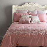 VeraLu美式欧式床上用品纯色纯棉全棉四件套粉色60支简约绣花床品