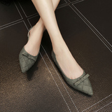 韩版夏季新款侧空透气尖头平底鞋 浅口蝴蝶结平跟单鞋格子女鞋