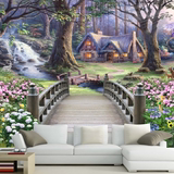梦幻森林仙境3d立体壁画 沙发客厅电视背景墙纸 小桥流水无缝壁纸