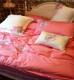 嫩粉色四件套刺绣床上用品全棉简约60支埃及长绒棉贡缎多件套婚庆