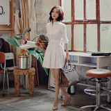 春装新款女装2016韩版长袖修身白色立领衬衫衬衣连衣裙中长款女潮