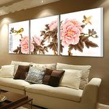 水晶三联客厅装饰画沙发背景墙挂画现代无框画欧式壁画牡丹花风景