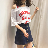 女装2016夏季新款宽松大码显瘦T恤短袖韩版字母印花时尚露肩上衣