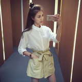 夏季新款2016韩版休闲衬衫套装女白色开衫上衣半身短裙裤子两件套