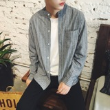 BWXD日系竖条纹休闲长袖衬衣男士韩版秋装上衣2016青少年立领衬衫