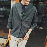 BWXD夏季新款简约透气亚麻七分袖衬衫男青少年立领纯色7分袖衬衣