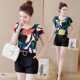 2016夏季新款韩版珍珠印花丝滑雪纺衫修身显瘦女装圆领短袖上衣