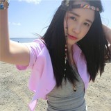 2016夏季新款韩版学生粉色兔耳朵系带短款高腰衬衫开衫防晒上衣女
