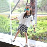 米米果家女童装连帽套装2016夏季卡通条纹两件套中大童装亲子套装