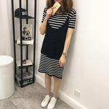2016夏季新款女装韩版黑白条纹针织背带裙套装宽松两件套连衣裙潮
