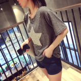 夏季韩版圆领闪亮片五角星星图案短袖宽松T恤个性短袖T恤女潮时尚
