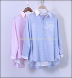 特6-03109b 韩国品牌原单外贸精致刺绣花朵细条纹蕾丝衬衫粉/蓝色