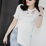 韩国2016夏季新款套头修身短袖针织衫不规则开叉上衣中长款T恤女