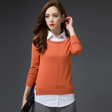 2016新款春装韩版假两件套头毛衣女士衬衫领修身短款宽松薄针织衫