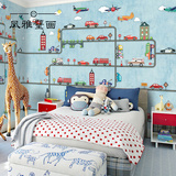 儿童房壁纸男孩 卧室3d蓝色卡通汽车轨道墙纸定制壁画 无缝墙布