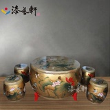 新中式彩绘古典实木圆形鼓大茶几功夫茶桌椅子组合客厅大户型家具