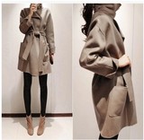 ZARA正品时尚2015冬新系带大码中长款毛呢子大衣修身风衣外套女装