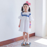 韩国童装女童夏季学院风百褶学生裙儿童亲子海军水手服短袖连衣裙