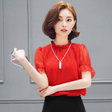 打底衫短袖t恤大红色上衣女遮肚子蕾丝雪纺衬衫立领 韩版时尚夏款