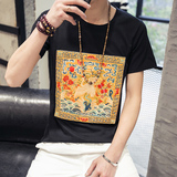 夏季中国风龙袍刺绣圆领短袖T恤男士加肥加大码半袖日系潮流男装