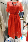 韩国代购2016夏季女装修身夏裙子东大门短袖红色蕾丝连衣裙中长款
