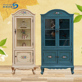 美式地中海酒柜实木简约单双门储物书柜客厅展示玻璃边柜彩绘家具