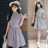 韩国夏季新款小清新竖条纹连衣裙学生收腰显瘦中长裙短袖衬衫裙女