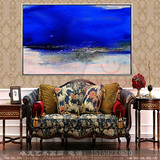 手绘蓝色调抽象装饰画 现代简约客厅沙发背景墙大幅横版油画卓克
