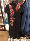 ZARA 正品代购 女装 黑色圆领 刺绣绣花中长版连衣裙 2016新款