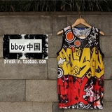 bboy中国 街头涂鸦 网状无袖汗背心篮球衣街舞嘻哈宽松运动男潮女