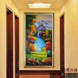 玄关装饰画竖版欧式山水风景走廊壁画过道挂画背景墙画手绘油画