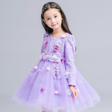 儿童装女童长袖连衣裙公主礼服裙蓬蓬裙女孩春秋装韩版紫色表演裙