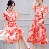 2016夏装新款韩版高腰中长款连衣裙女短袖v领两件套印花欧根纱裙