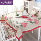 美式乡村亚麻餐桌布 田园棉麻布艺长方形桌布 抱枕椅垫 粉蔷薇