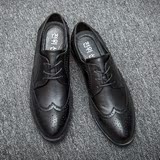 布洛克男鞋雕花潮鞋尖头厚底系带平底全黑色英伦男士商务休闲皮鞋