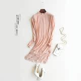 604S38甜美系 纯色蕾丝拼接 长袖褶皱雪纺连衣裙